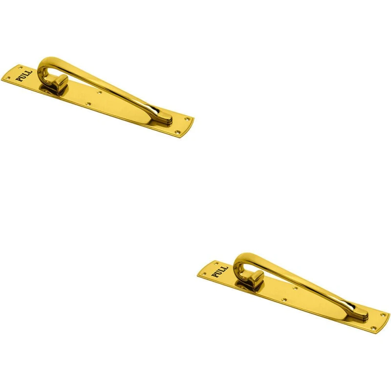 Image of Loops 2x Curved Left Handed Door Pull Handle Engraved with 'Pull' Polished Brass Metallics unisex