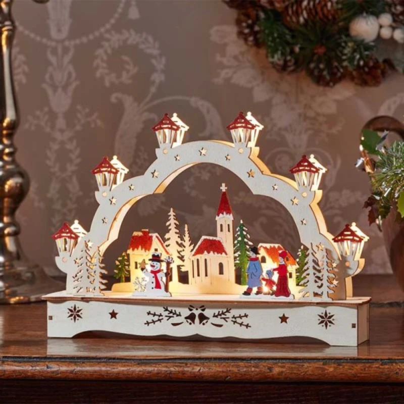 Image of 28cm Battery Operated Wooden Christmas Festive Village with LEDs