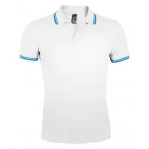 Image of SOLS Mens Pasadena Tipped Short Sleeve Pique Polo Shirt (XXL) (White/Aqua Blue)