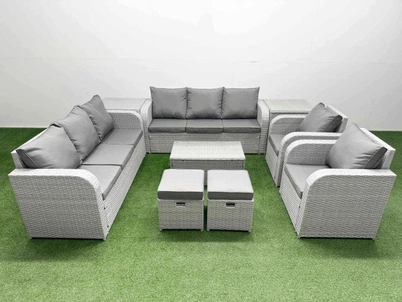 Image of Fimous PE Rattan High Back Lounge Sofa Set Patio Coffee Table & Chairs Set with 3 Seater Sofa Reclining Chair Stools 2 Side Table Light Grey Light Gre