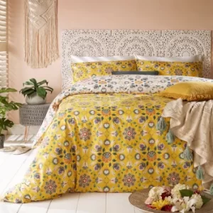 Image of Furn. Folk Flora Ochre Reversible Duvet Cover and Pillowcase Set Ochre (Yellow)