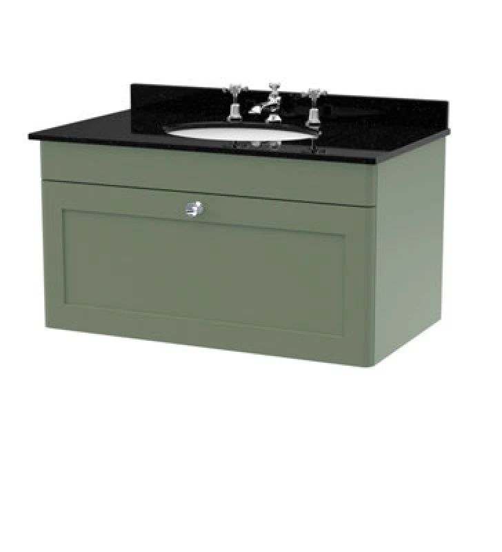 Image of nuie 800mm Wall Hung 1 Drawer Vanity & Marble Top 3TH - Satin Green CLC896BR3