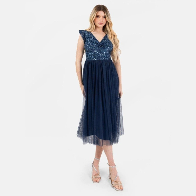Image of Maya Deluxe Maya Navy Embellished Twist Bodice Midi Dress French Navy female 8 (XS)