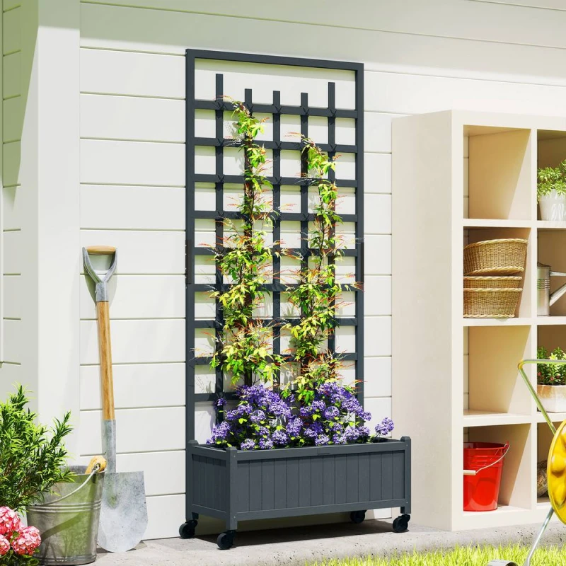 Image of OUTSUNNY Wooden Trellis Planter, Raised Garden Bed with Wheels, Grey Grey Unisex