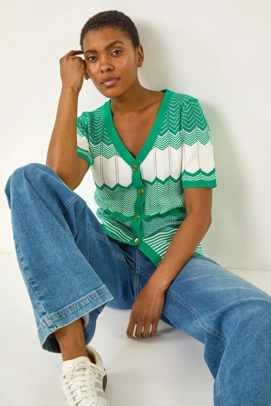 Image of Roman Womens Wave Stitch Button Knit Jumper in Green Size: 12 Green Female 12