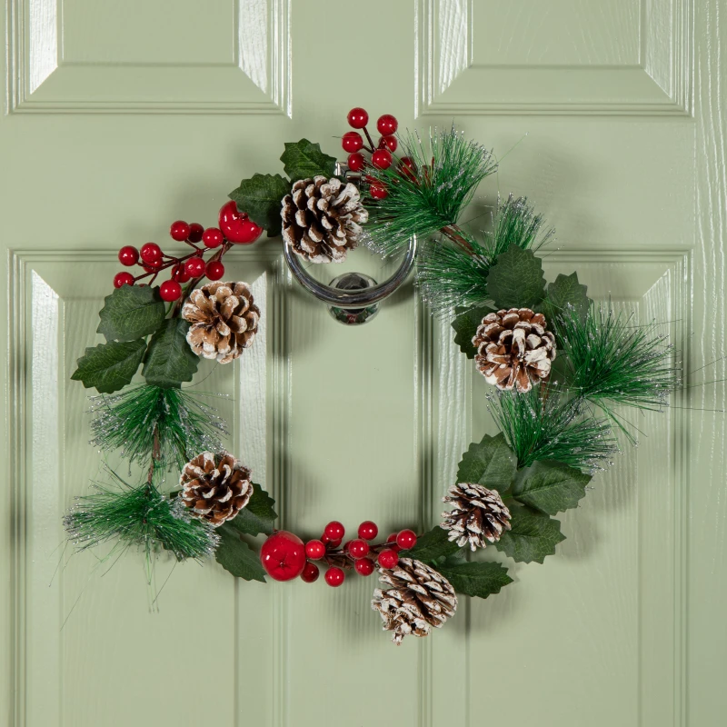 Image of 45cm Hanging Christmas Wreath with Red Berries and Frosted Pinecones