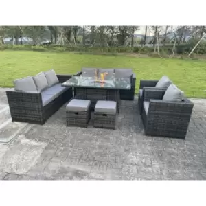 Image of Fimous 8 Seater Outdoor Dark Grey Rattan Lounge Complete Sofa Set with Gas Fire Pit Table, Gas Heater and 2 Stools