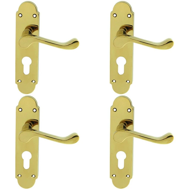 Image of Loops 4x PAIR Victorian Upturned Lever on Euro Lock Backplate 170 x 42 Polished Brass Metallics