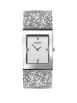 Image of Seksy Seksy Rocks Silver Crystal Set Rectangular Dial Silver Rocks Strap Ladies Watch
