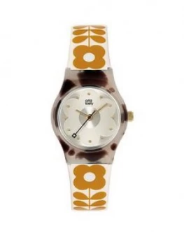 Image of Orla Kiely Orla Kiely Mini Bobby Grey Tortoise Shell Case White And Tan Stem Print Strap Watch
