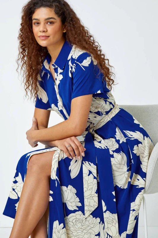 Image of Roman Shadow Floral Print Shirt Dress Royal