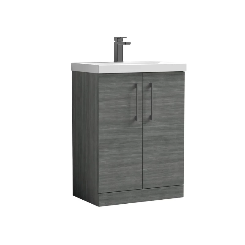 Image of BALTERLEY Balterley Level Contemporary Bathroom Floor Standing 2-Door Vanity Unit & Mid-Edge Basin, Anthracite Woodgrain, 600mm BALARN503AH716