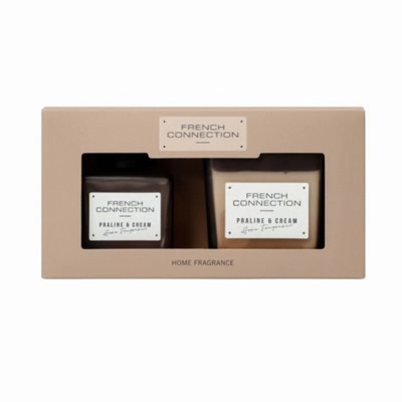 Image of French Connection French Connection Praline & Cream 220G Candle and 100ml Reed Diffuser Gift Set Square Design in Light Brown Size: 2 Pack Light Bro