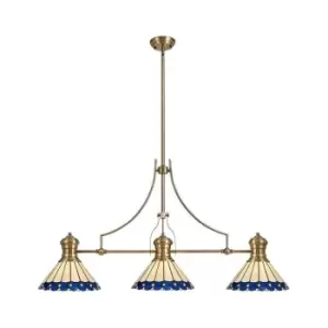 Image of Luminosa Lighting - 3 Light Telescopic Ceiling Pendant E27 With 30cm Tiffany Shade, Antique Brass, Blue, Crystal