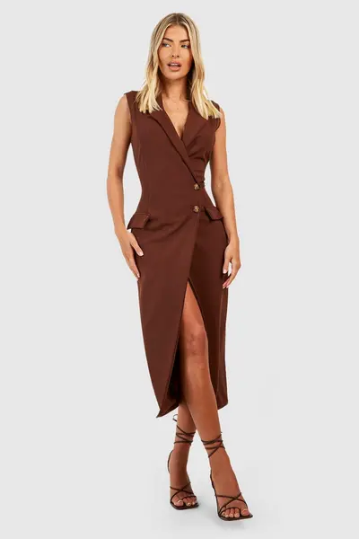 Image of boohoo Crepe Wrap Front Midaxi Blazer Dress Chocolate