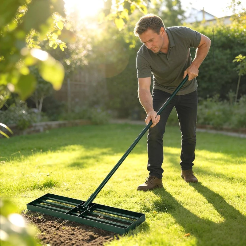 Image of OUTSUNNY 76 x 26cm Lawn Levelling Rake with 169cm Handle in Green Green Unisex 76 x 26 cm