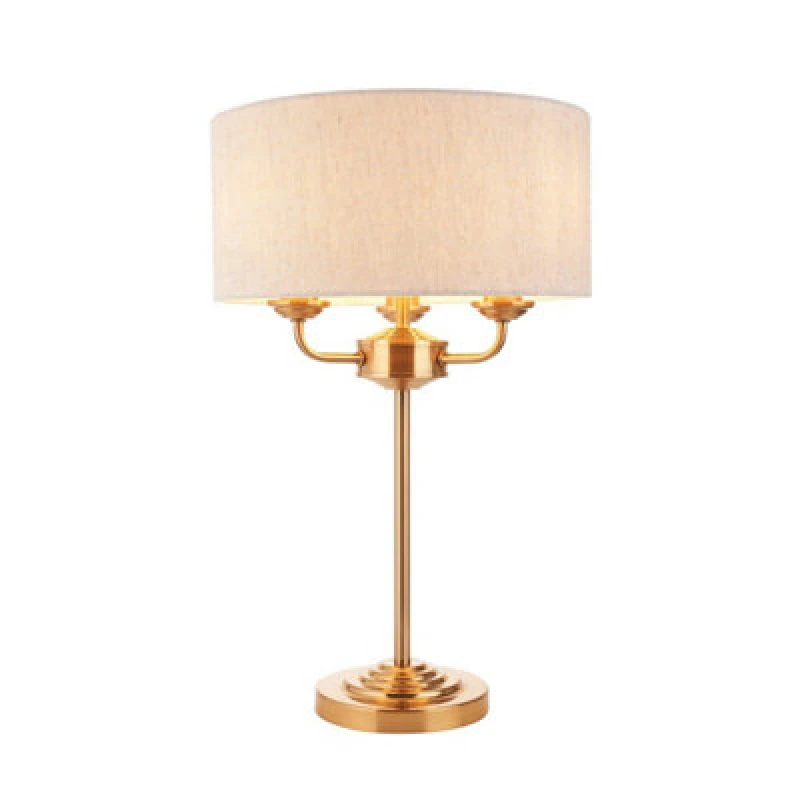 Image of Highclere Table Lamp with Round Shade Vintage Brass, Natural Linen, 3x E14