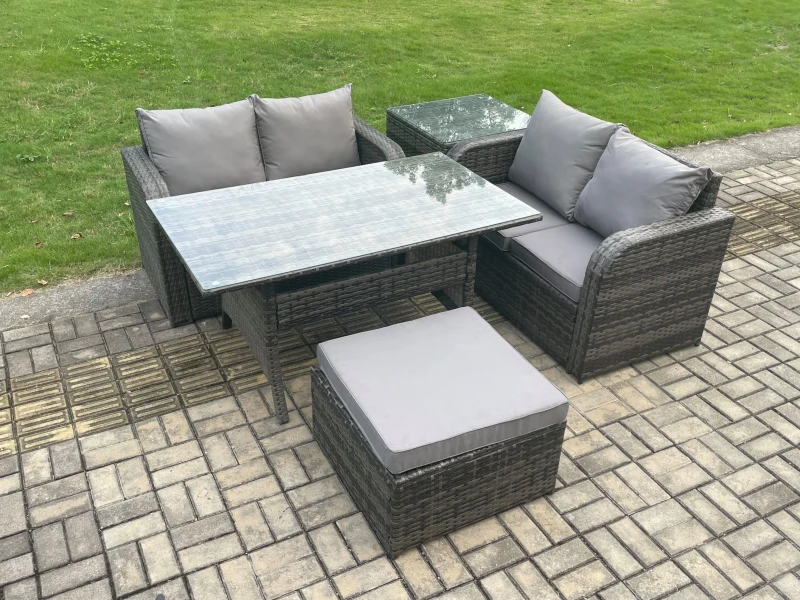 Image of Fimous Garden Patio Furniture Wicker Rattan Oblong Rectangular Dining Table & Loveseat Sofa set with Side Table Footstool in Dark Grey Dark Grey Unise