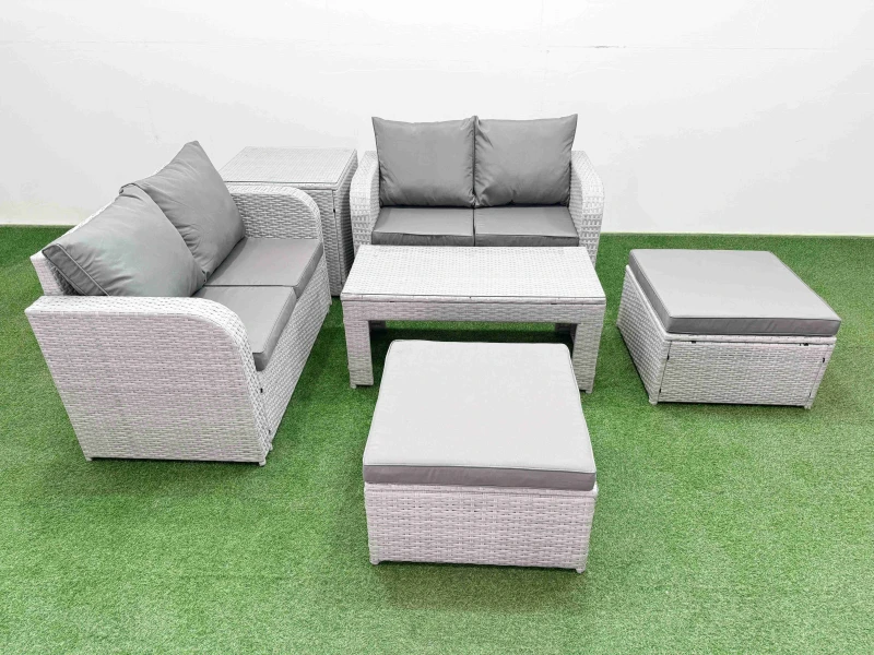 Image of Fimous 6 Seater Outdoor Love Sofa Set Rattan Garden Furniture Set with Oblong Coffee Table 2 Footstool Side Table Light Grey Light Grey