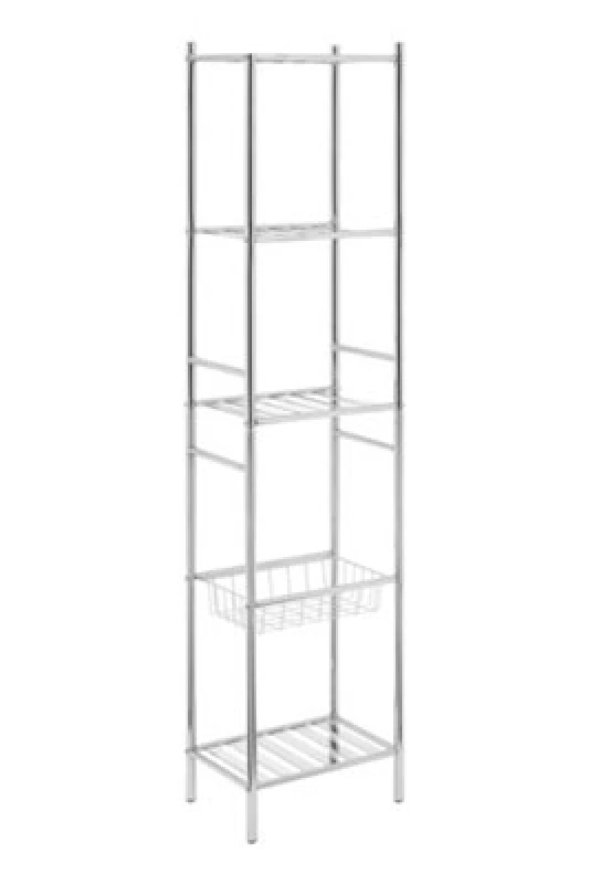 Image of Premier Housewares Interiors By Premier Durable 5 Tier Chrome Shelf Unit With Basket, Sturdy Standing Shelves For Livingroom, Spacious Shelf Unit Silv