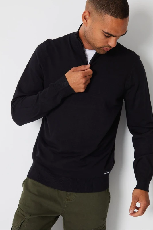Image of Threadbare 'Tucci' Funnel Neck Quarter Zip Knitted Jumper Black