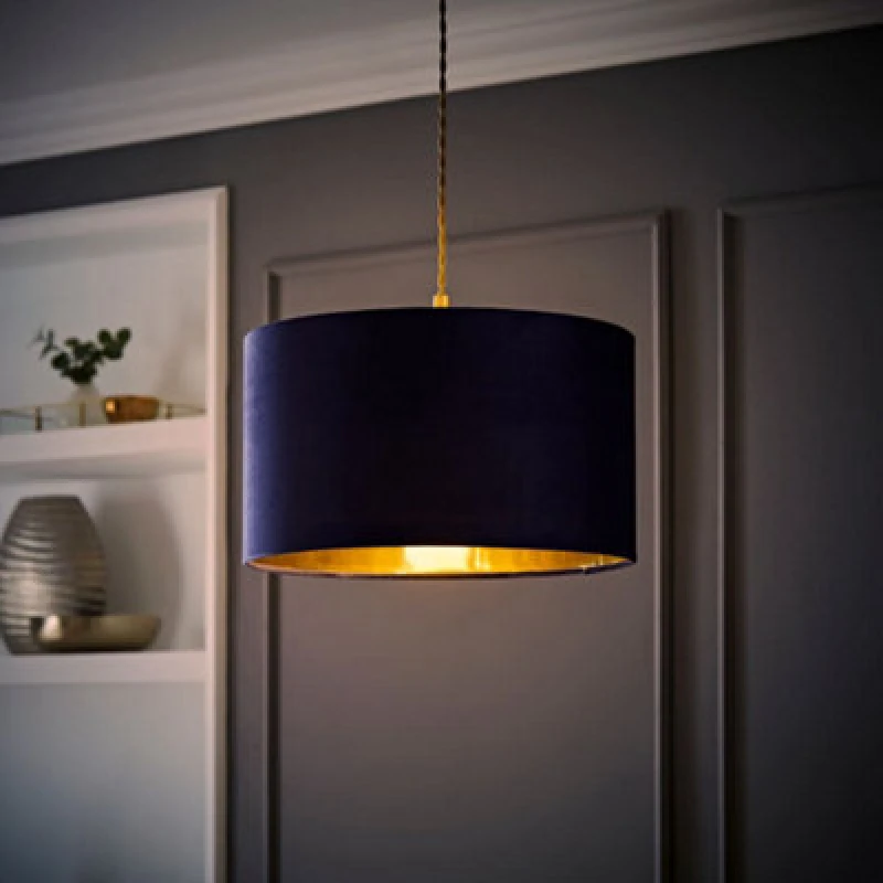 Image of ValueLights ValueLights Reni Navy Velvet with Gold Inner Easy Fit Ceiling Lamp Shade and Bulb in Dark Navy Size: Medium Dark Navy Medium Unisex 5059