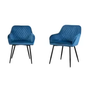 Image of Set of 2 Blue Velvet Dining Chairs Upholstered Seat Armrest with Metal Legs - blue