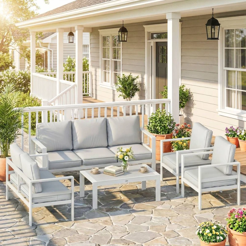 Image of OUTSUNNY Aluminium Garden Furniture Sofa Set with Olefin Cushions in White White Unisex