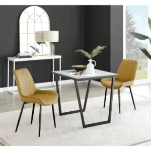Image of Furniturebox Carson White Marble Effect Square Dining Table & 2 Mustard Pesaro Black Leg Velvet Chairs