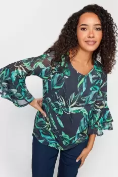 Image of Floral Print Flute Sleeve Blouse
