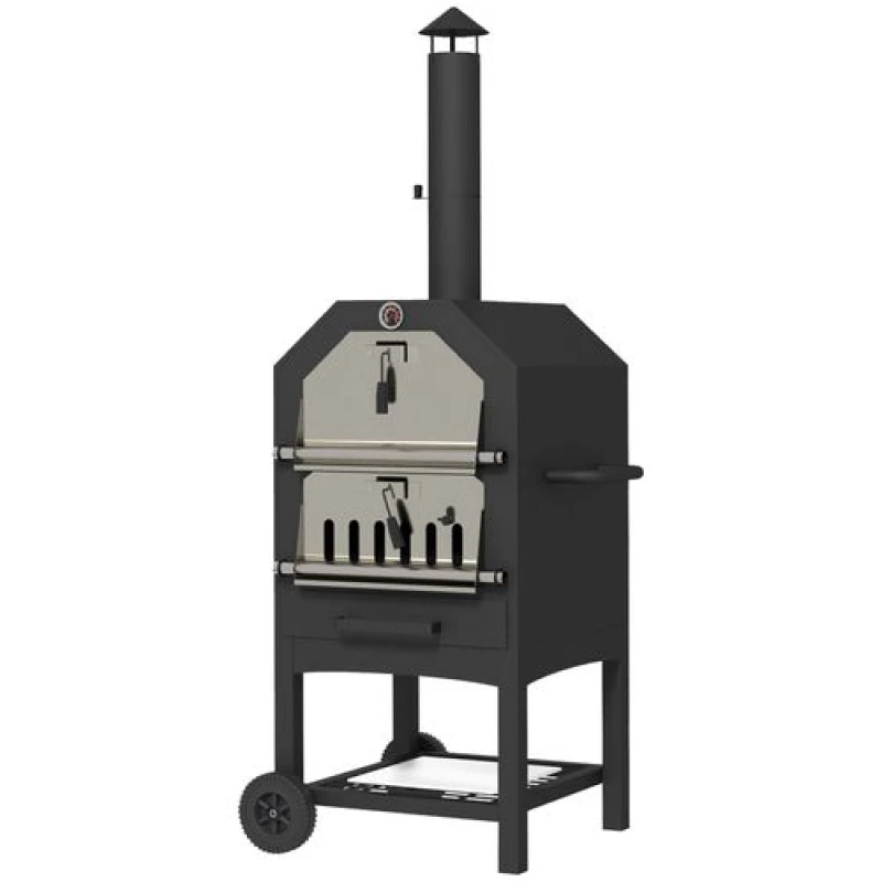 Image of Outsunny 2-in-1 Pizza Oven amd Freestanding BBQ Grill, Black 846-139V00BK