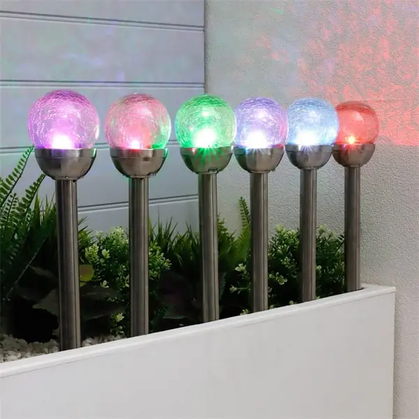 Image of Streetwize Pack of 6 8cm Solar Crackle Glass Ball Stake Solar - Multi H 37cm