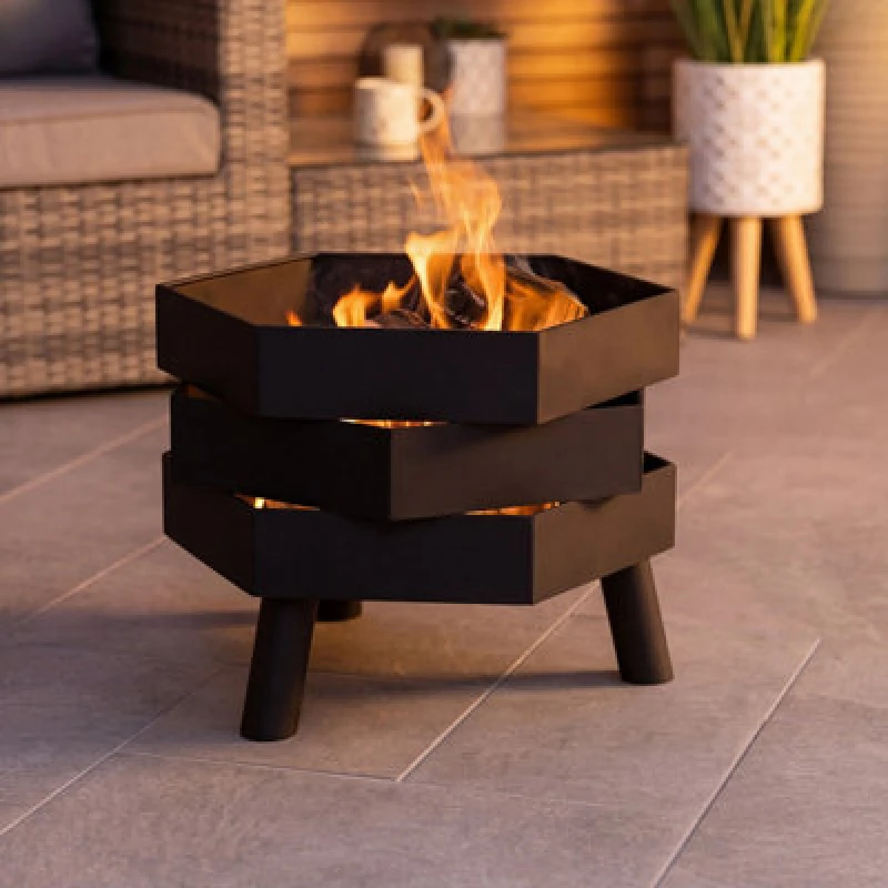 Image of Charles Bentley Hexagonal 46cm Black Powder Coated Steel Fire Pit Black One Size