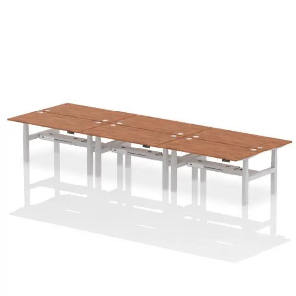 Image of Air Air Back-to-Back 1600 x 800mm Height Adjustable 6 Person Bench Desk Walnut Top with Cable Ports Silver Frame HASCP6P16800WNTS