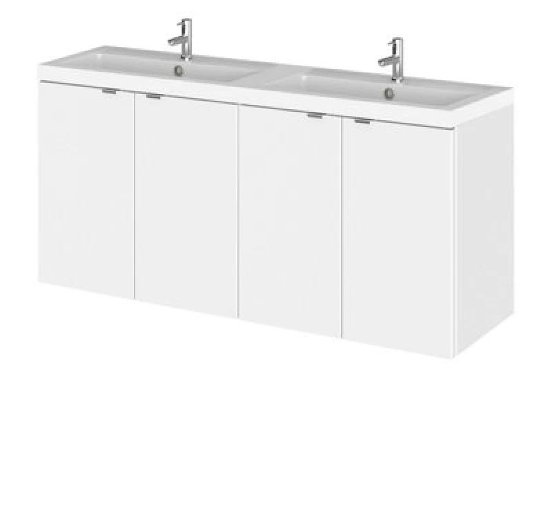 Image of Hudson Reed Fusion Wall Hung 4 Door Vanity Unit & Twin Polymarble Basin, Stylish Vanity Unit With Basin, Gloss White, 1200mm
