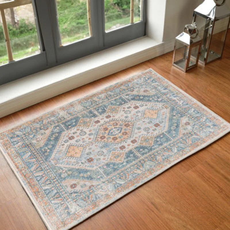 Image of Livabliss Machine Washable Oriental Boho Denim Alka Area Rug 66 X 115cm - Easy Care, Non Shedding, Ideal For Living Room & Bedroom
