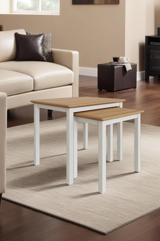 Image of FWStyle FWStyle Oak Nest Of 2 Tables Linen Painted Finish in White White One Size Unisex 5056413124845