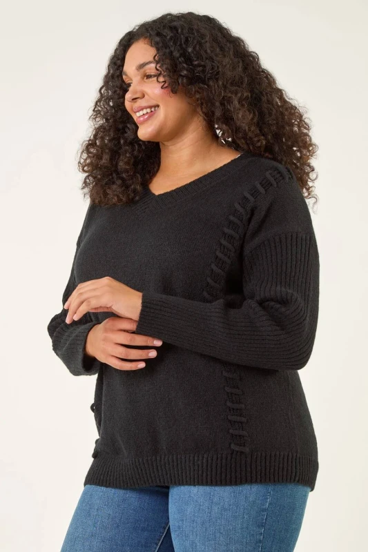 Image of Roman Womens Curve Stitch V-Neck Knit Jumper in Black Size: 22-24 Black Female 22-24