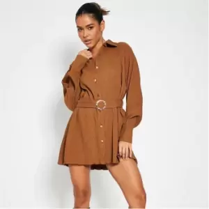 Image of I Saw It First Crinkle Belted Waist Mini Shirt Dress - Brown
