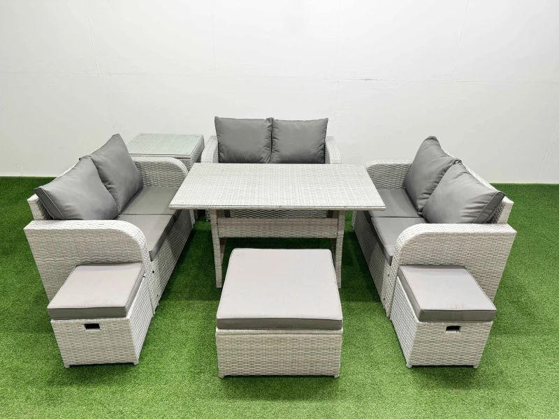 Image of Fimous 9 Seater PE Wicker Rattan Furniture Sofa Sets with Rectangular Dining Table 2 Seater Love Sofa 3 Stool Side Table Light Grey Light Grey