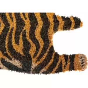 Image of Tiger Shaped Coir Animal Print Non-Slip Doormat - Orange - Homescapes