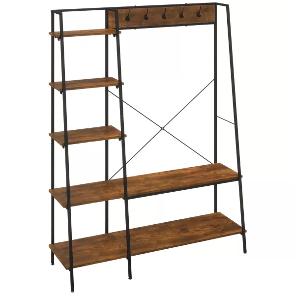 Image of HOMCOM Hallway Unit, Free Standing Hall Tree w/ 2 Tier Shoe Rack, 5 Hooks, 5 Side Shelves & Steel Frame, Industrial Design, Brown, 117 x 38 x 169cm