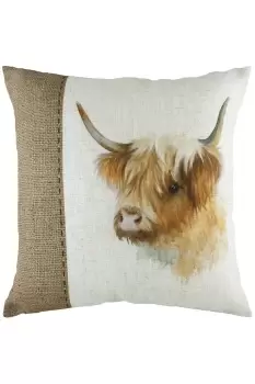 Image of Hessian Cow Hand-Painted Watercolour Printed Cushion