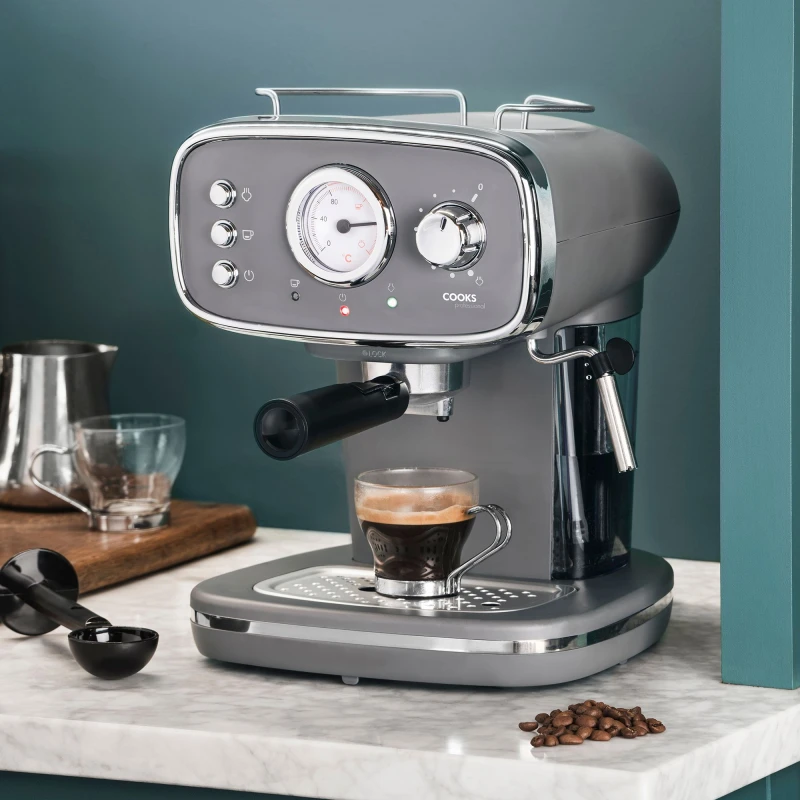Image of Cooks Professional Coffee Machine Espresso Maker Caffe Barista Pro 15-Bar Pump Frothing Wand Grey Grey