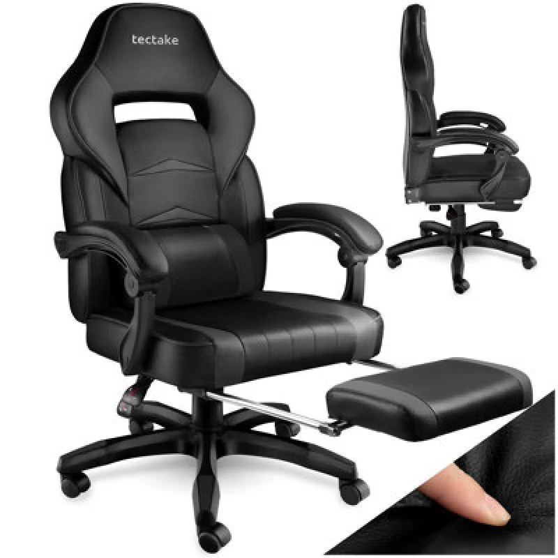 Image of Tectake Gaming Chair Comodo - Ergonomic Shape, Footrest, Adjustable Backrest - Black/black