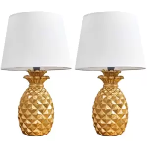 Image of Minisun - 2 x Pineapple Table Lamps in Gold With Tapered Shades - White