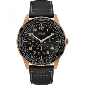 Image of GUESS Gents copper watch with Black trim, dial and leather strap.