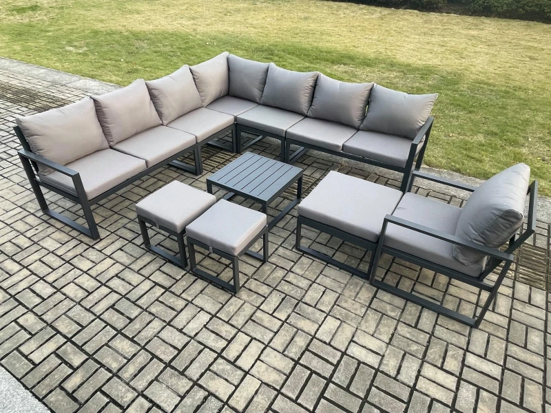 Image of Fimous Aluminium Outdoor Garden Furniture Set Lounge Corner Sofa Square Coffee Table Chair Sets with 3 Footstools Dark Grey Dark Grey Unisex