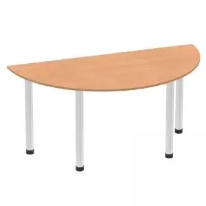 Image of Impulse 1600mm Semi-Circle Table Oak Top Brushed Aluminium Post Leg