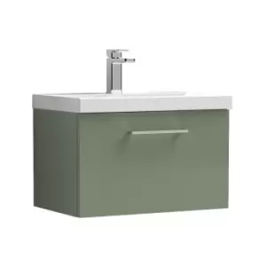 Image of Arno Satin Green 600mm Wall Hung Single Drawer Vanity Unit with 40mm Profile Basin - ARN822A - Satin Green - Nuie